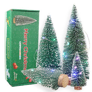 UNIPRIMEBBQ Mini Christmas Tree, Small Pine Tree with Wooden Bases for Xmas Holiday Party Home Tabletop Tree Decor (GrassGreen with Light)